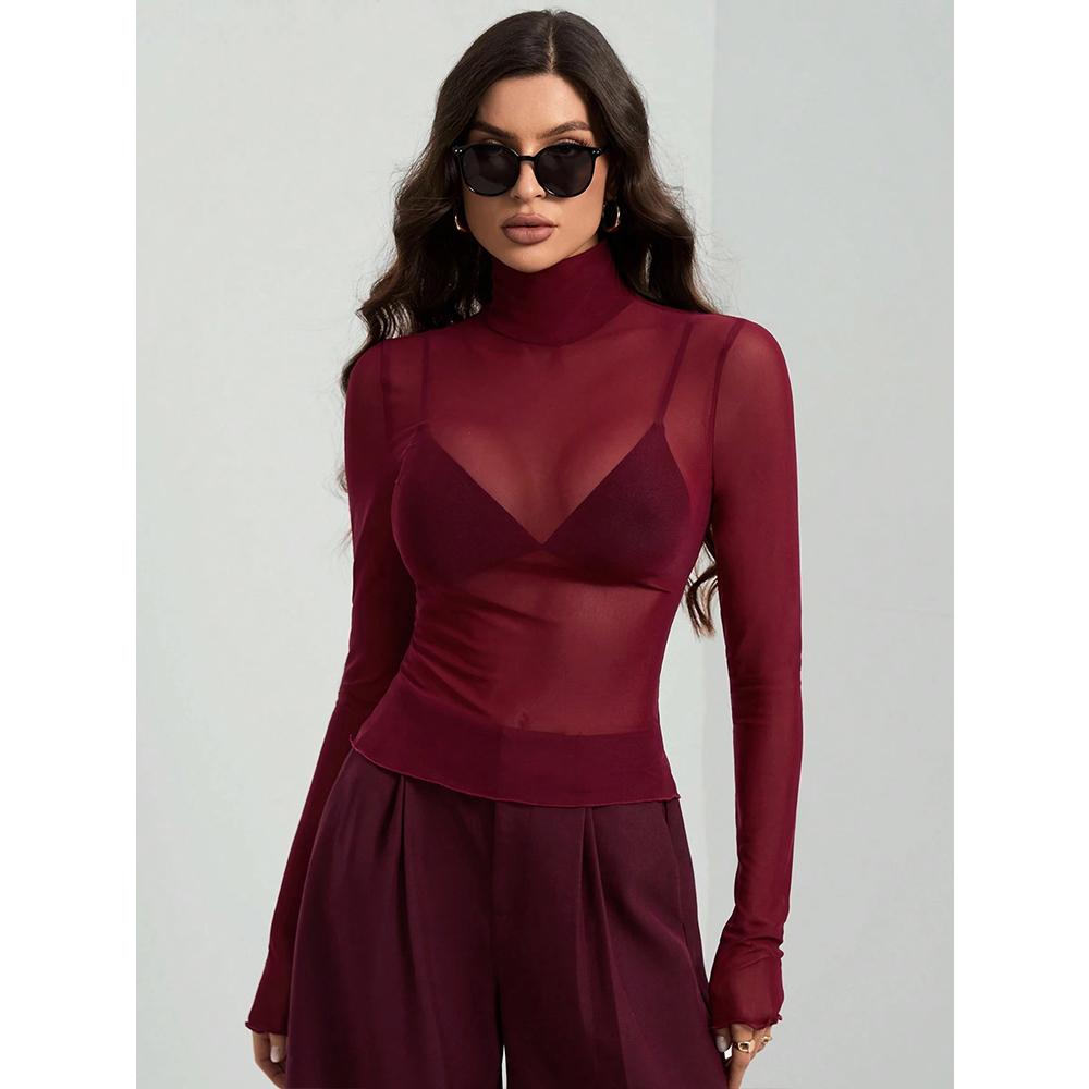 

Женский Прозрачный Сексуальный Просвечивающий Топ-Блузка с Длинным Рукавом и Воротником-Стойкой, Облегающий, Клубная Одежда L вино красного