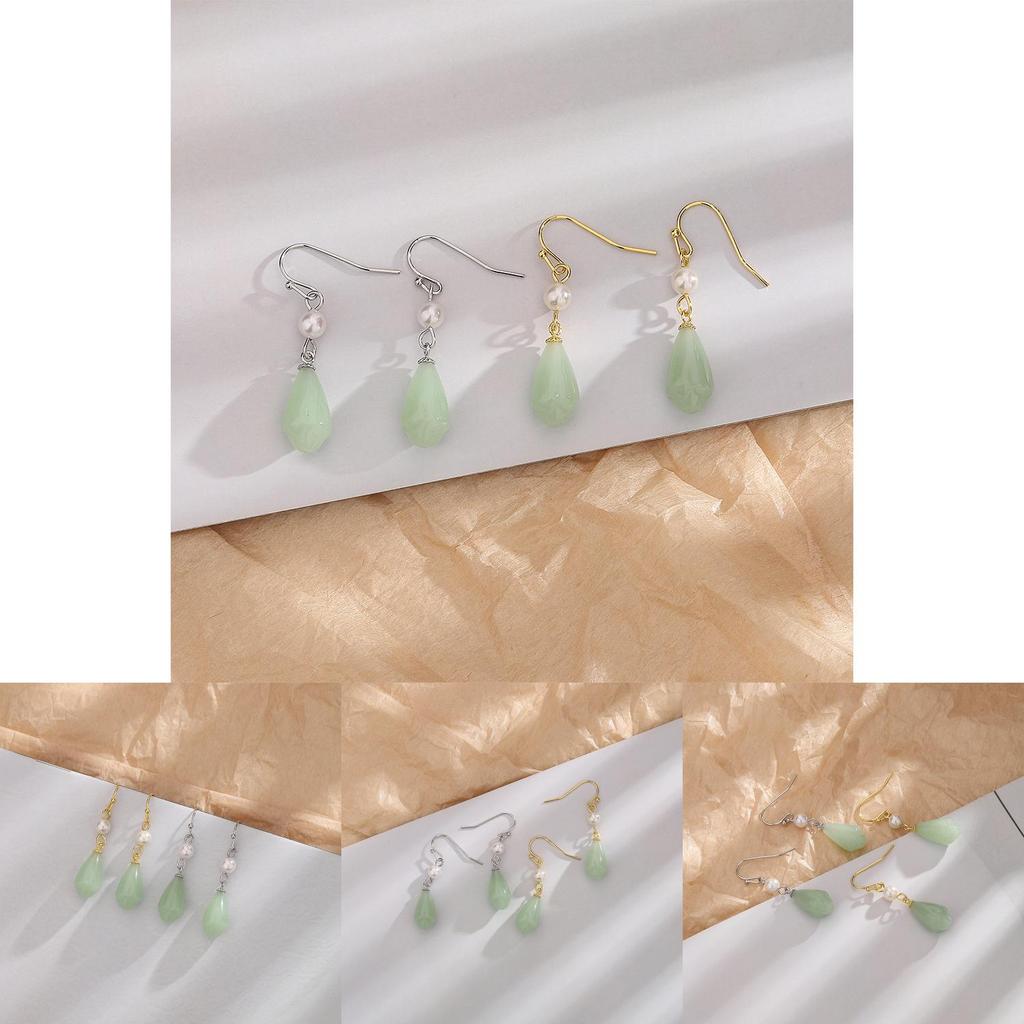 Vintage Pearl Copper Earrings For Women Retro Style Women's Ear Drops With Tianshan Jade Lotus Flower Design