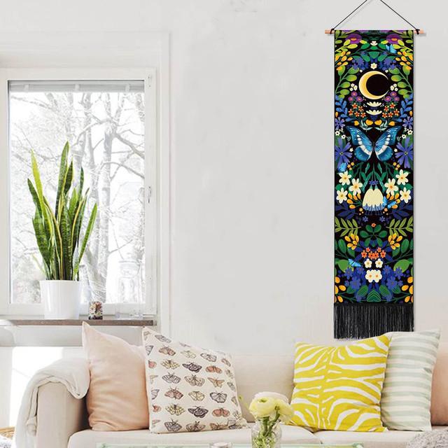 

Лунный и цветочный гобелен, желтый и зеленый растительный декор, домашний богемный декор, мистическая бабочка, эстетический декор комнаты, ручная стирка 32.5x130cm