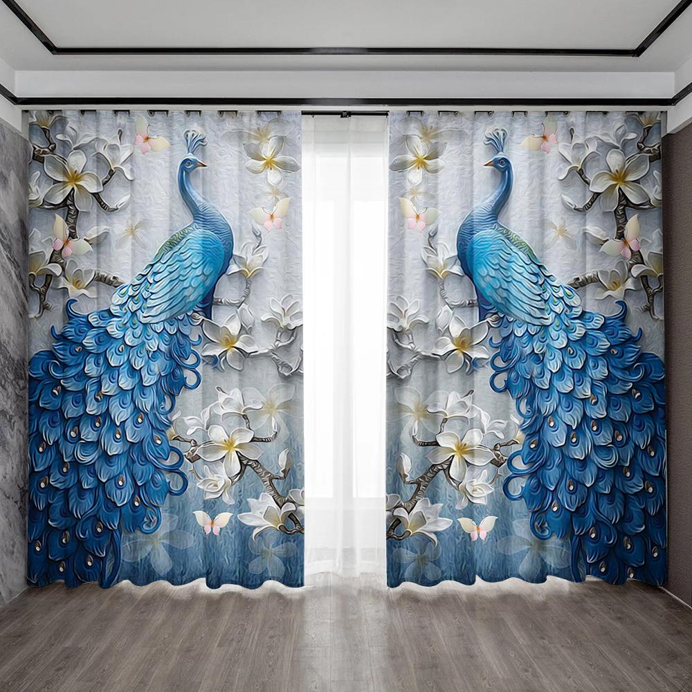 2PC Home Decoration Curtains, Peacock Background With Rod Pocket Curtains, Kitchen, Coffee Shop, Living Room, Balcony, Garden