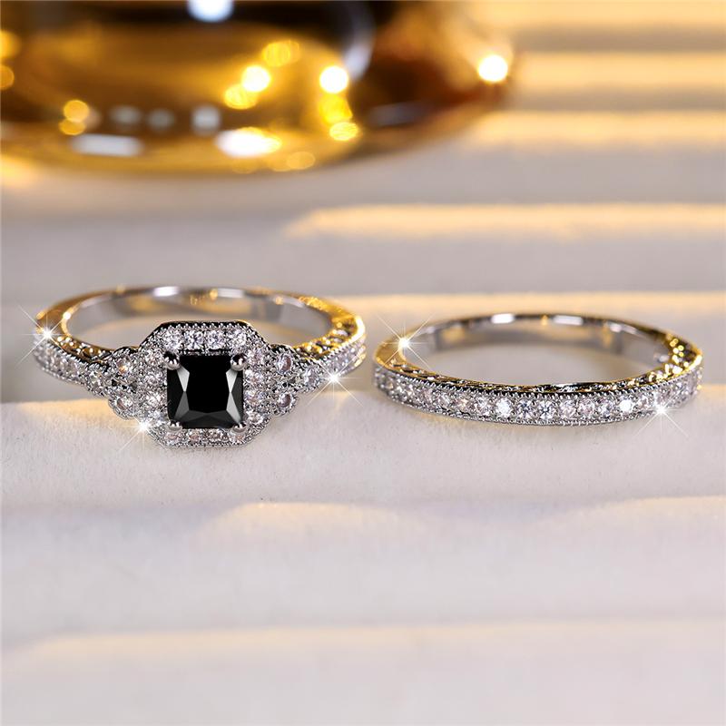 Female Black Zircon Stone Engagement Ring Set Cute Silver Color Wedding Jewelry For Women