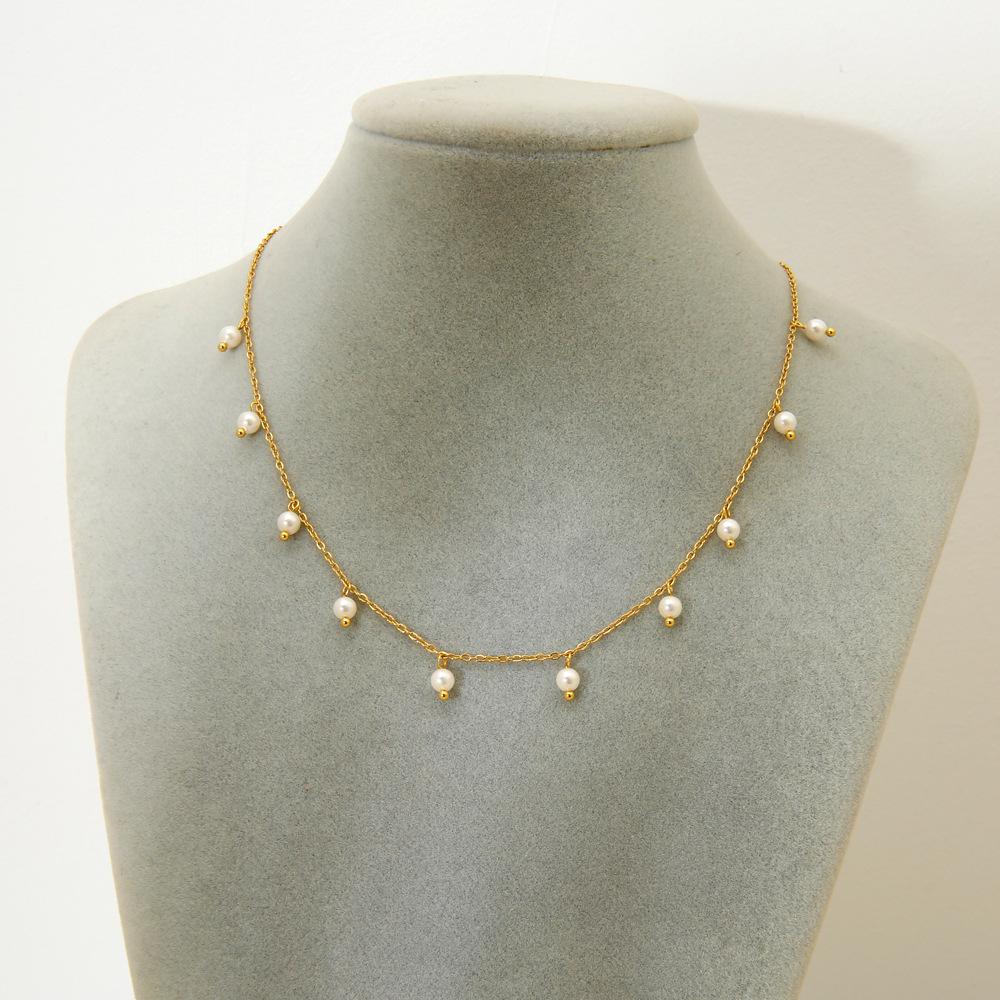 European and American Ins Light Luxury and Elegant Imitation Pearl Fringed Necklace Collarbone Chain Plated with 18k Gold Stainless Steel Jewelry