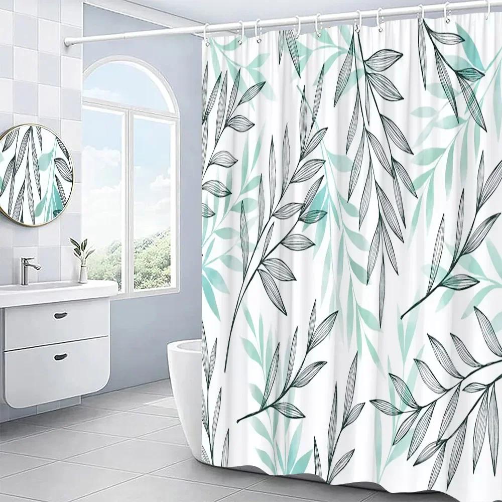 Leaves Shower Curtain Set Garden Plant Green Leaf Fresh Rustic Style Bathroom Decor Bath Curtain Polyester Fabric Washable Cloth