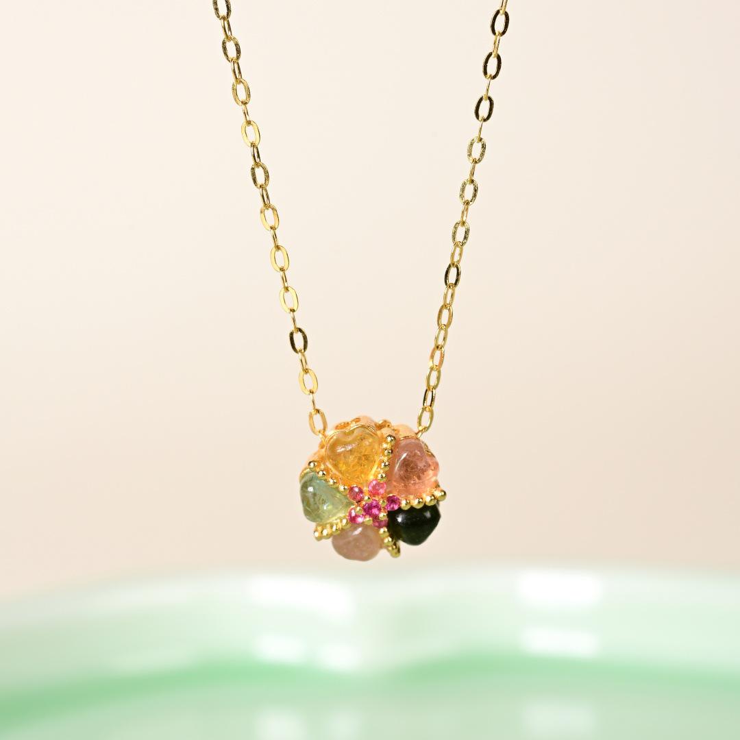 S925 Sterling Silver Tourmaline & Jade Heart Clover Pendant Necklace