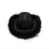Wide Brim Western Cowboy Hat Furry Trim Top Hat Classic Cowgirl Hat  Street Party