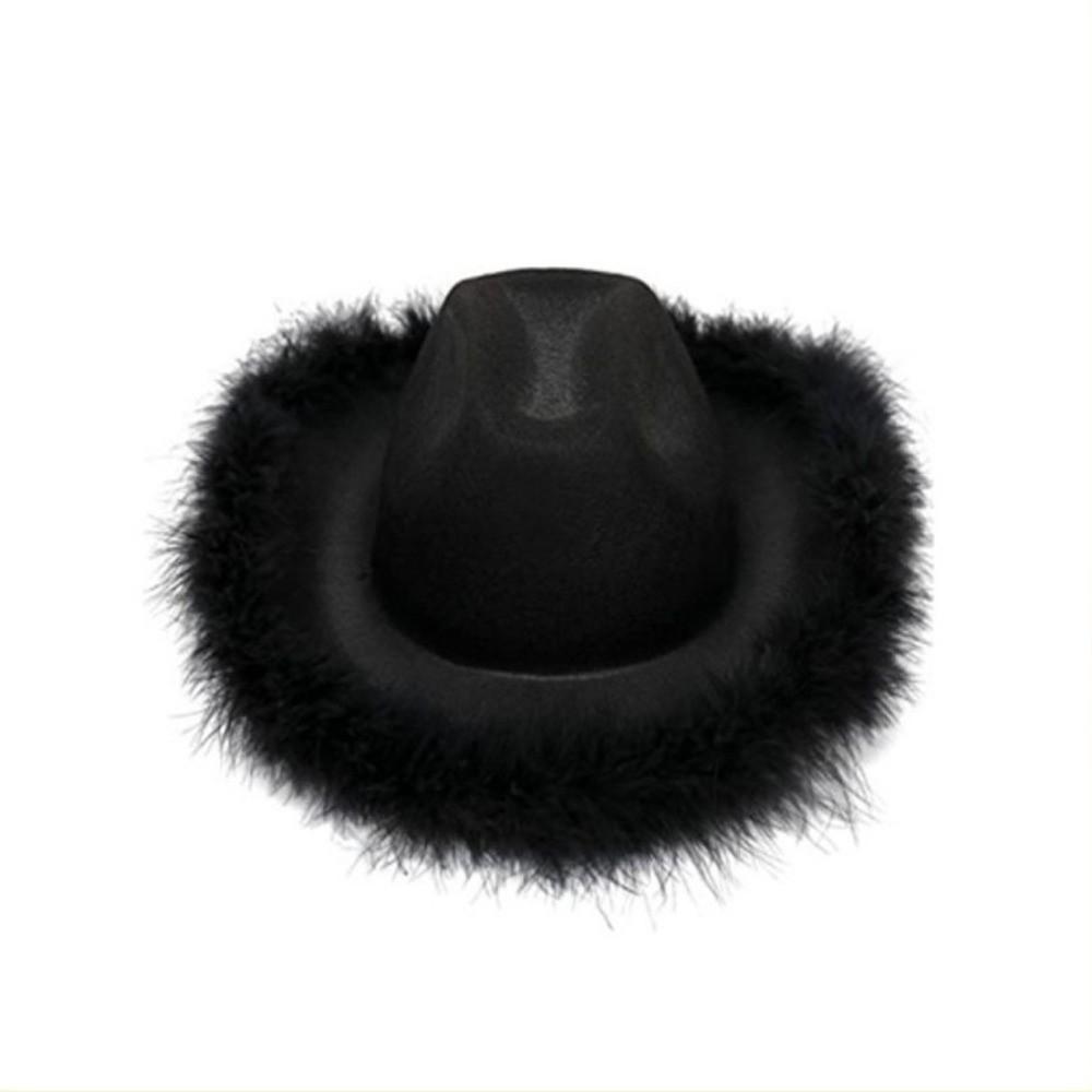 Wide Brim Western Cowboy Hat Furry Trim Top Hat Classic Cowgirl Hat Street Party