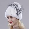 Brand Women Genuine Rex Rabbit Fur Hats Winter Rex Rabbit Fur Beanies Striped Top Flower Fox Fur Warm Real Fur Knit Caps