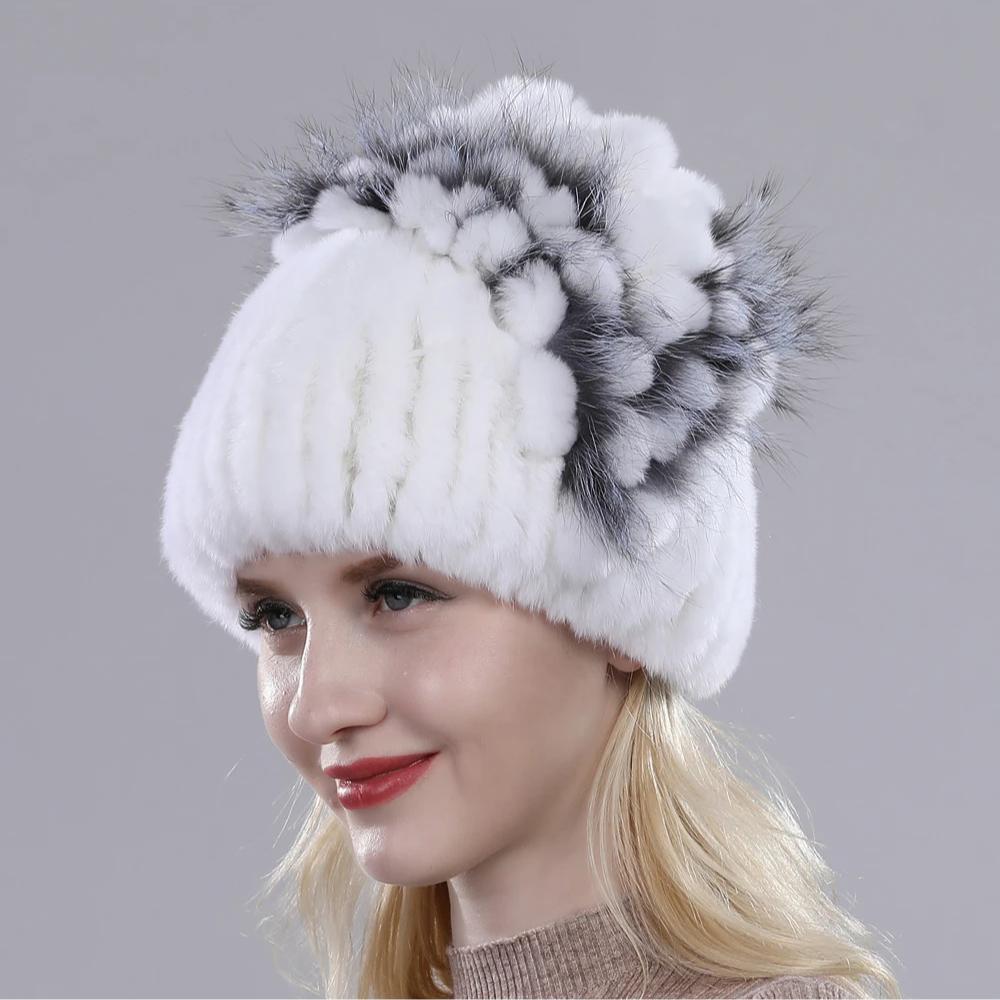 Brand Women Genuine Rex Rabbit Fur Hats Winter Rex Rabbit Fur Beanies Striped Top Flower Fox Fur Warm Real Fur Knit Caps
