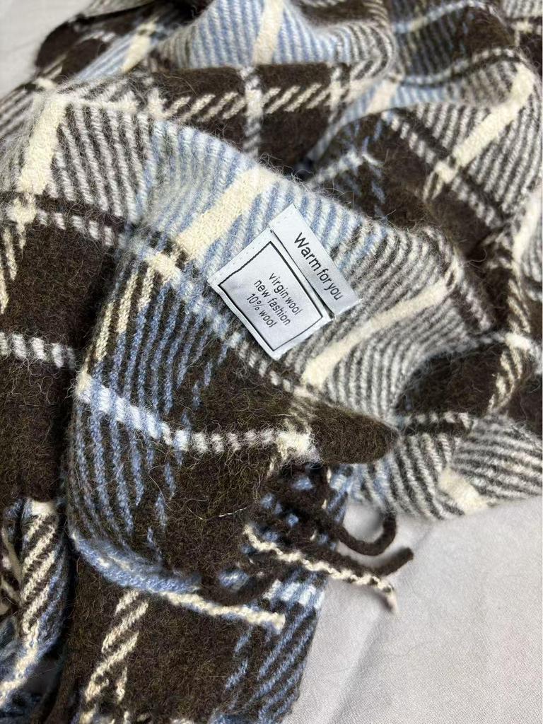 Women's Wool Blend Plaid Tassel Scarf - Warm, Thick, Versatile Korean-Style Shawl for Autumn/Winter