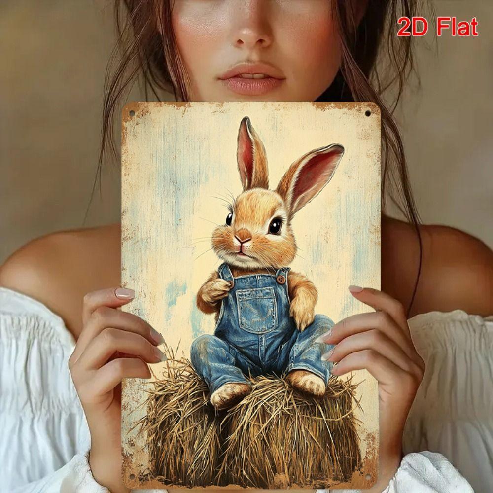 Tin Sign Retro Easter Rabbit Floral Wall Art Home Holiday Decor Metal Poster