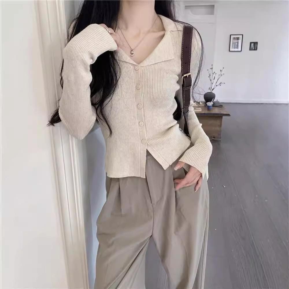 Coat Cover Up Long Sleeve Gray Cardigan Women Early Fall V Neck Turn Down Collar Knit Top Slim Fit Base Layer Shirt