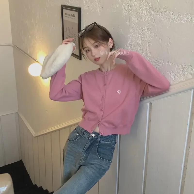 Raspberry Knitted Cardigan for Women: Korean-Style Sweater for Petite Girls, Perfect Pink Layer for Spring & Autumn