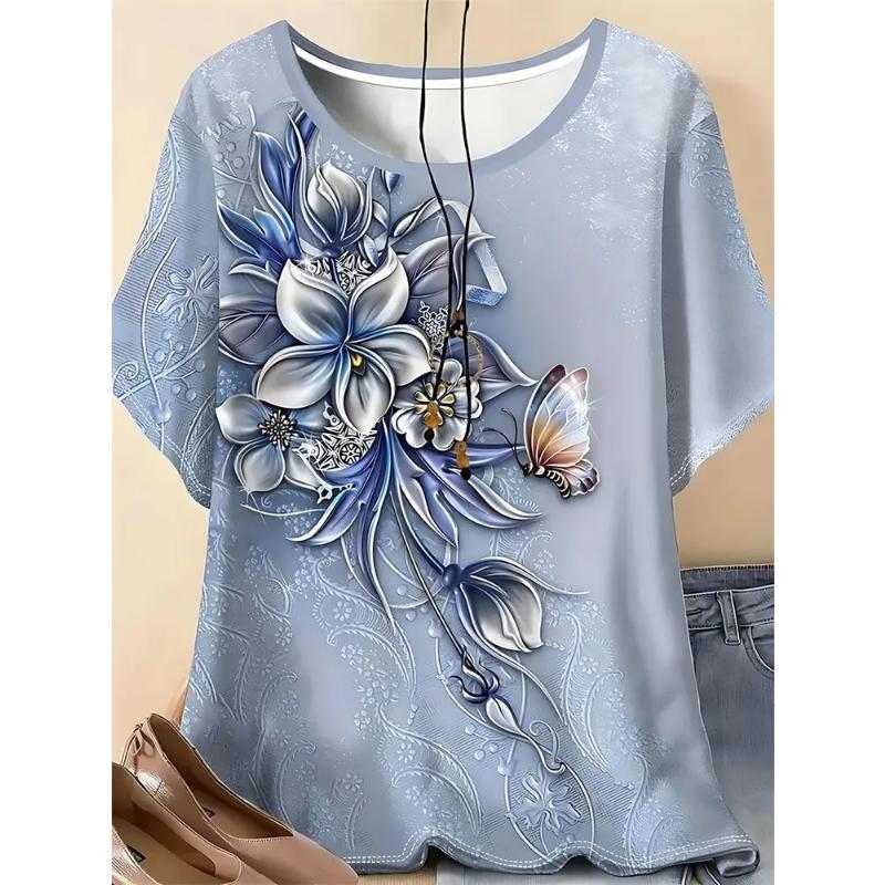 Fashion Women's Crew Neck T-Shirt 3D Flower Color Printing Flower Short Sleeve Comfortable Short Sleeve