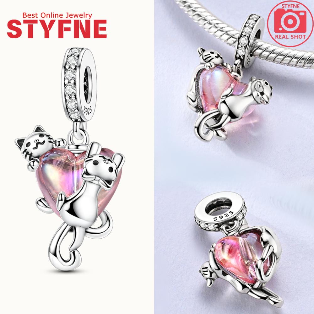 Silver 925 Colored Zircon Heart-shaped Pendant Beads Charm Fit Bracelet Jewelry Making Fine Gift for Women