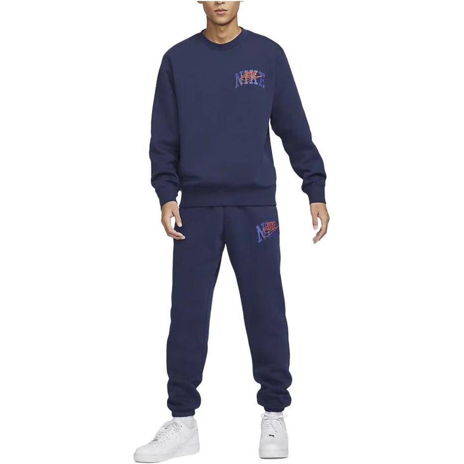 Nike Club Fleece Letter Logo Embroidery Crew Neck Fleece Lined Sweatshirt Men's Dark Navy Blue FV4446-410