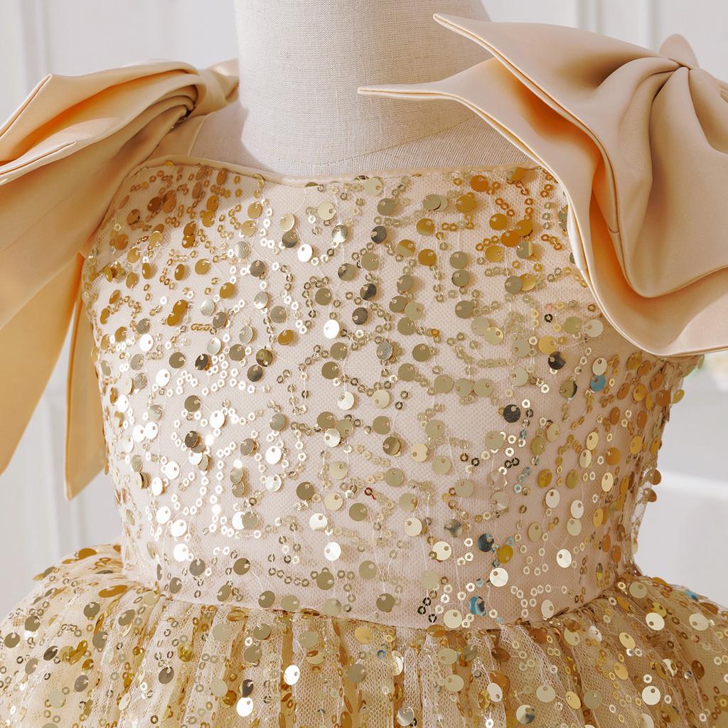 Flower Girl Princess Dress For Weddings Summer Kid Formal Bow Long Gown For School Evening Party Children New Year Cloth L6021