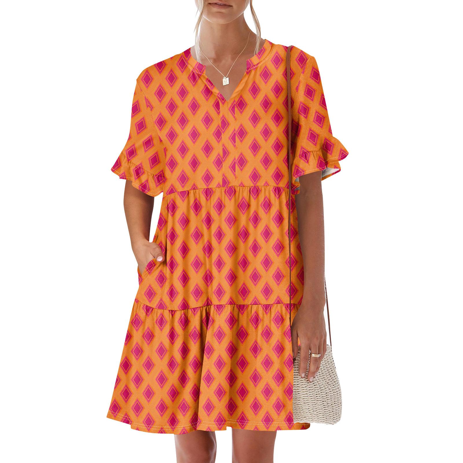

Женское летнее платье с коротким рукавом и V-образным вырезом, короткие платья, модное повседневное струящееся платье в стиле бохо с оборками и карманами XXL шафрановый