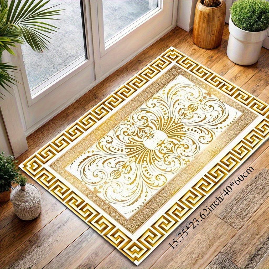 Gold White Greek Key Scroll Print Carpet Plush Flannel Rug Entryway Living Room Home Decor Area Rug Non Slip Floor Mat