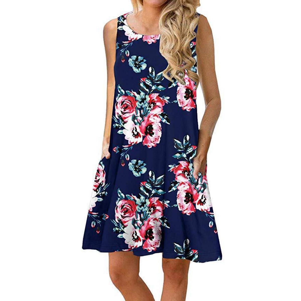 

Spring Summer Women s Printed Sleeveless Round Neck Dress with Pockets Casual Beach Tank Dress for European American XXL