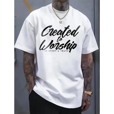 Herren T-Shirt mit Worship & Faith Aufdruck - Weiß Erschaffen zum Anbeten Kursive Schriftzüge & Vers Design (Psalm 951) - Atmungsaktives Lässiges Kirchenoutfit