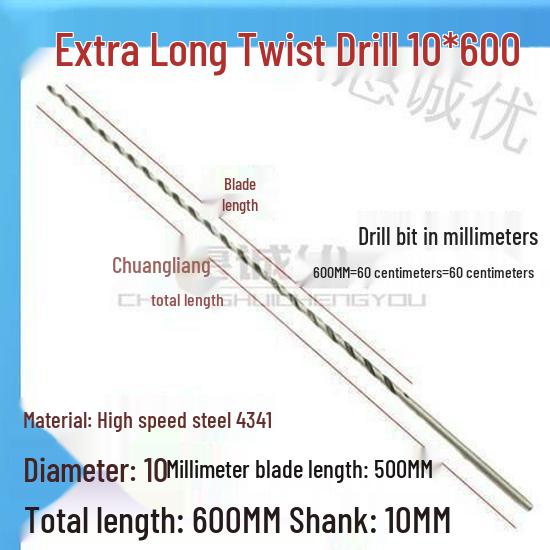 Extra Long 5060 Cm Twist Drill Bit, 500mm High-Speed Steel, Straight Shank for Deep Hole Drilling In Stainless Steel, Wood, 468 Industrial Series.