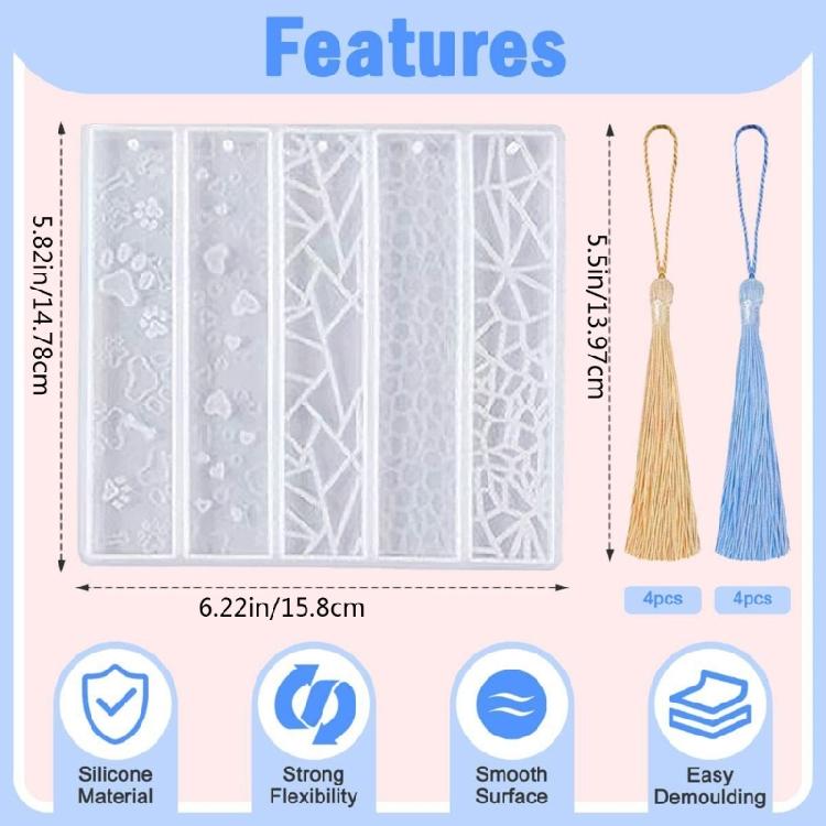 Cat Paw Heart Rectangle Bookmark Epoxy Mold with 8 Tassel Transparent Resin Mold