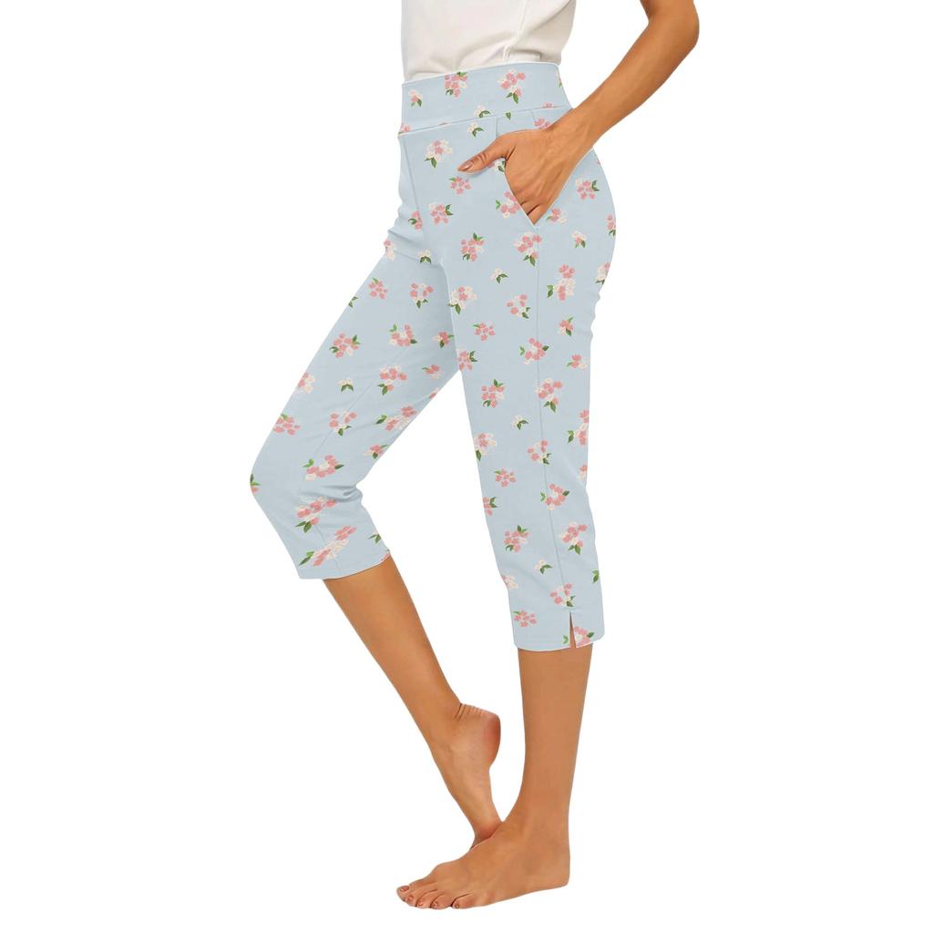 Women Casual Elastic Waist Capri Pants Slim Fit Cropped Trousers with Side Pockets and Leg Slits for Comfortable Daily Wear
