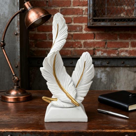 Artistic Feather Statue Modern Green White Feather Shape Resin Figurine Sculpture Home Office Desktop Decoration Ornament