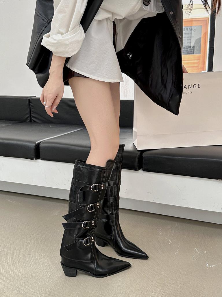 2025 nya europeiska och amerikanska stil bältesspänne tunna tjocka klack spetsiga riddarstövlar