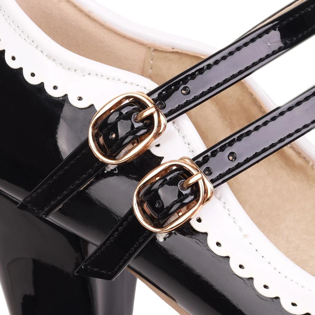 Pink Patent Leather Double Ankle Strap Mary Janes Women High Block Heels White Purple Bordered Sweet Dress Lady Round Toe Pumps