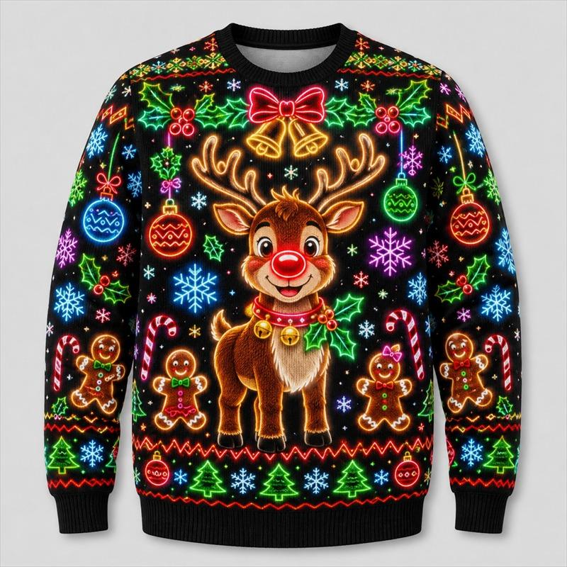 Maglione Brutto di Natale con Stampa al Neon per Uomo Moda Festiva Manica Lunga Felpe per Riunioni Pullover Oversize Casual