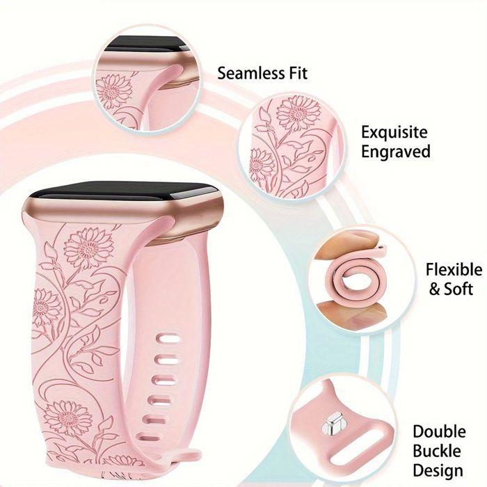 Bracelet pour Apple Watch Series 11 10 9 8 SE 7 6 5 4 3 2 1 Ultra 1/2/3, 42mm-44mm-45mm-46mm-49mm Silicone Gravure Papillon Rose