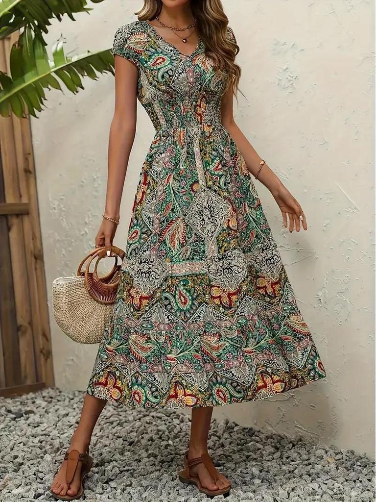 French Bohemian Holiday Print Midi Dress