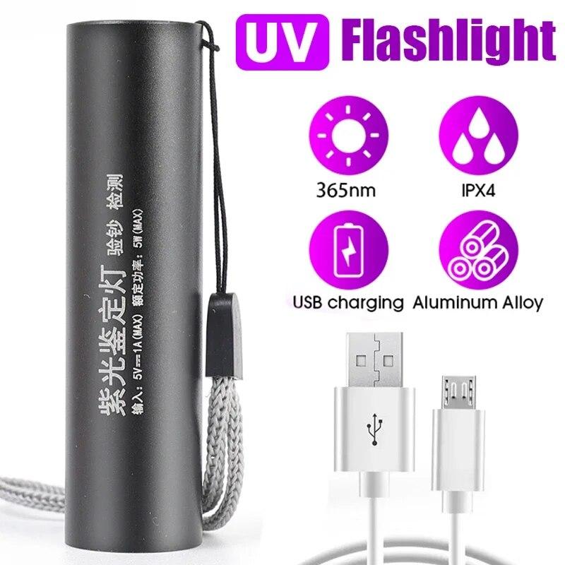 365nm UV Flashlight USB Rechargeable Mini Ultraviolet LED Torch Waterproof Ultra Violet Lights Pet Urine Scorpions Detector Lamp