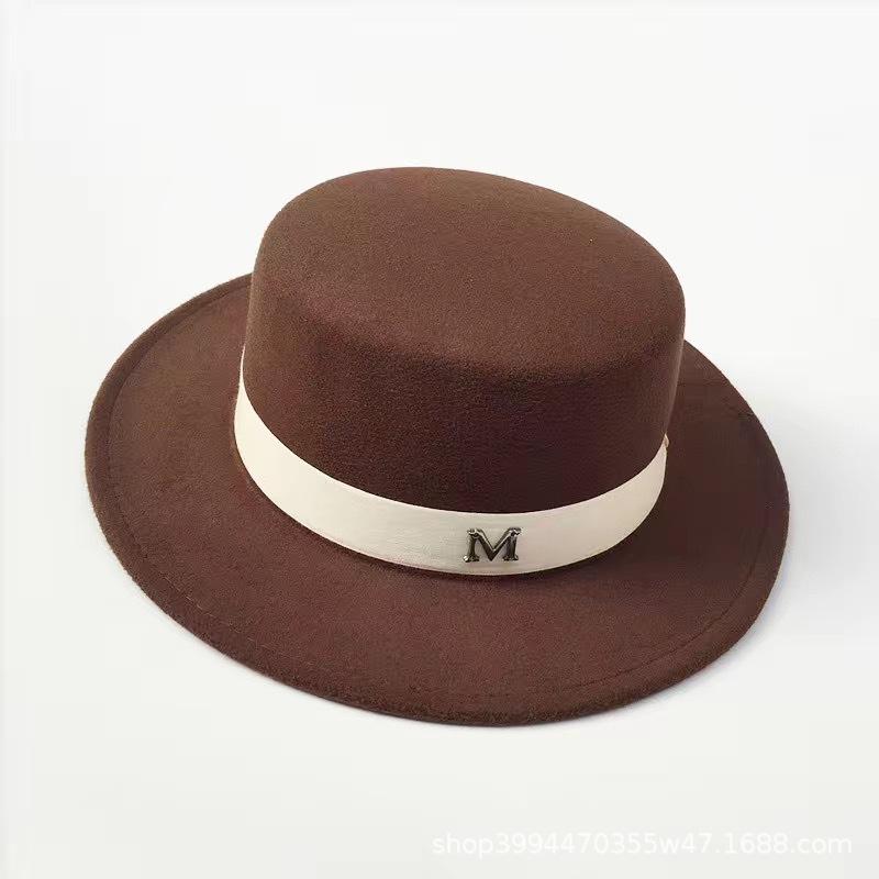 Retro British Style White Ribbon Flat Top Top Top Hat Couple Men and Women Gentleman's Hat Spring and Autumn Large Flat Brim Woolen Thermal Hat