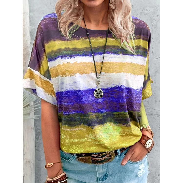 S-5XL Summer Tops Plus Size Fashion Women's Casual Short Sleeve Tee Shirts Block Color Loose Tops Ladies O-neck Tops Striped Printed Cotton T-shirts