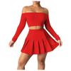 Women Long Sleeve Set Solid Color Casual Outfit Strapless Pleated Skirt Suit