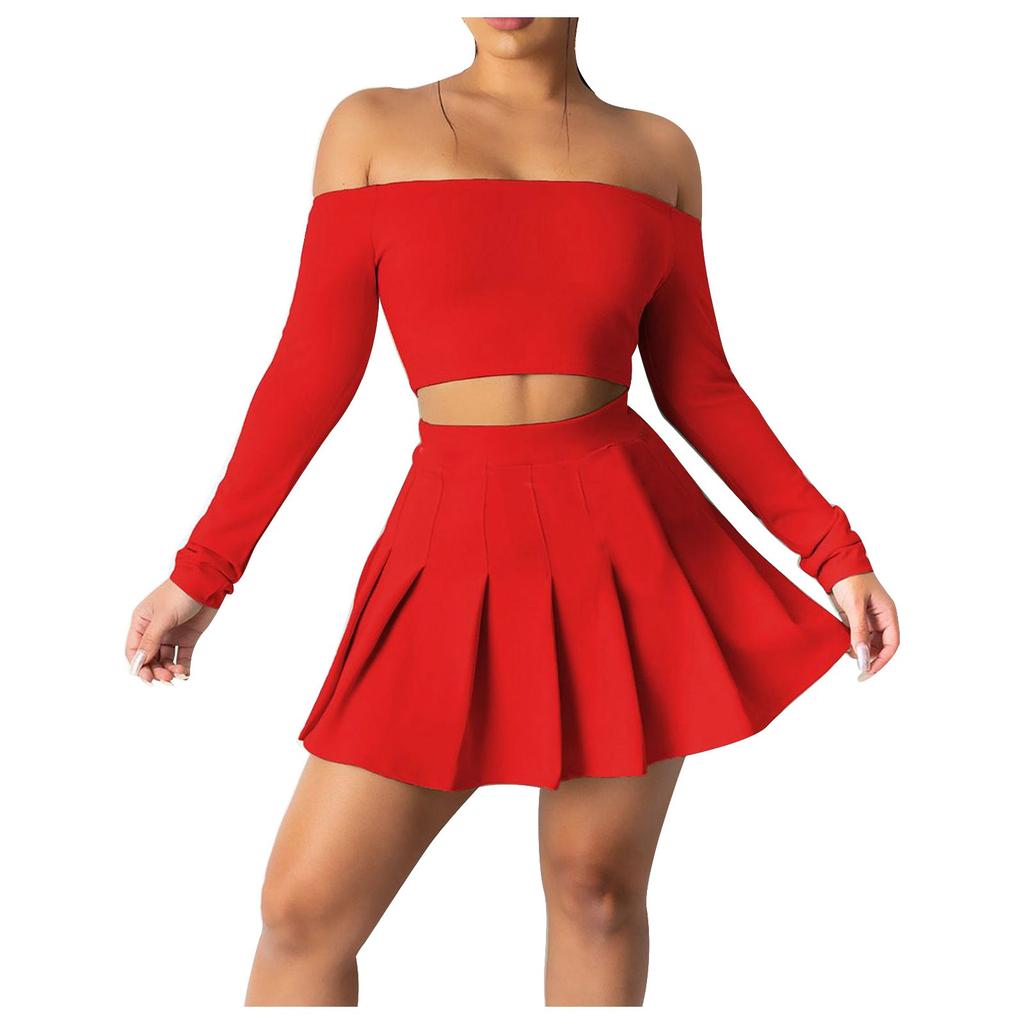 Women Long Sleeve Set Solid Color Casual Outfit Strapless Pleated Skirt Suit