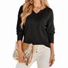 Women's Long-sleeved V-neck Sweater Fashionable Casual Solid Color Waffle T-shirt