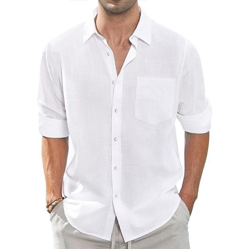 Camicia Casual da Uomo a Maniche Lunghe, Monocolore, Bottoni, Puro Cotone
