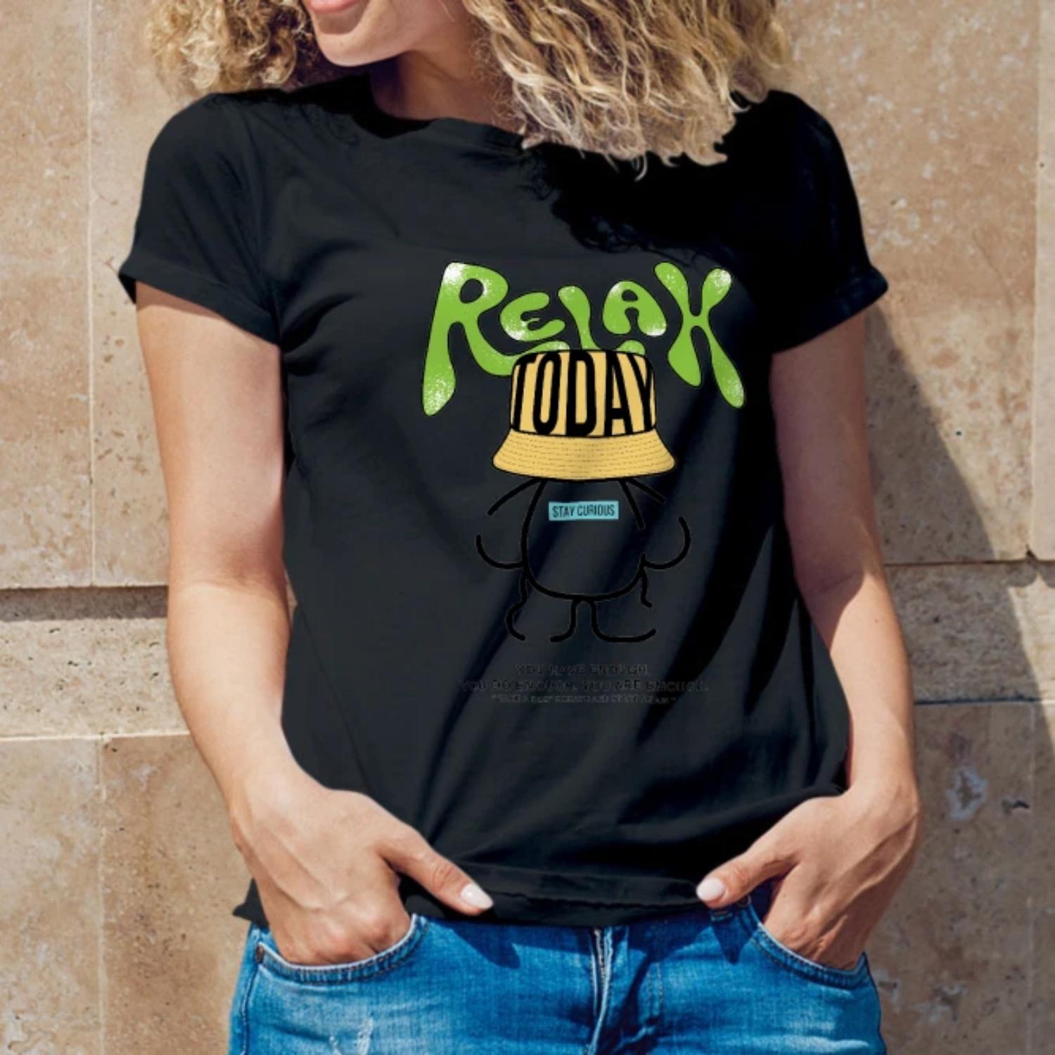 Graphic Women s T-Shirt Streetwear SpringSummer Trendy 2025 Relax Today Print Short Sleeve S чёрный