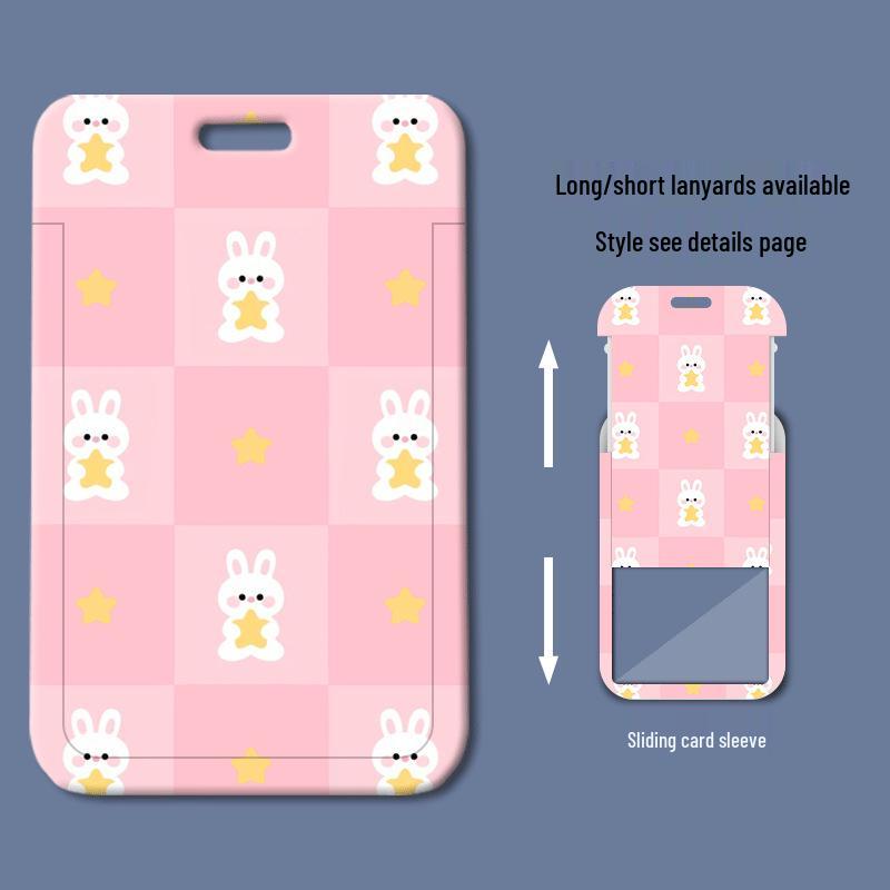 Grid Rabbit Sliding Cover ID & Meal Card Holder - Cute Cartoon Design for Students & Work