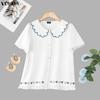 VONDA Women Casual Lapel Neck Short Sleeve Embroidery Cute Blouse