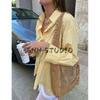 Summer New Product Women's Clothes French Style Casual Loose Yellow Stripe Long Sleeves Lapel Mid-Length Shirt Tops