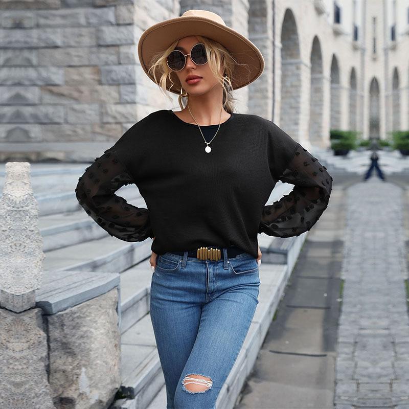 Fashion Casual Tops Shirts Clothing Fashionable and Casual Temperament Autumn and Winter Solid Color Tops for Women Black Lace Splicing Knit Sweater