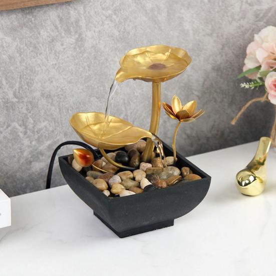 Tabletop Water Fountain USB Powered Golden Lotus Desktop Decorative Waterfall Fountain with Rocks for Home Bathroom Bedroom Indoor Zen Decor