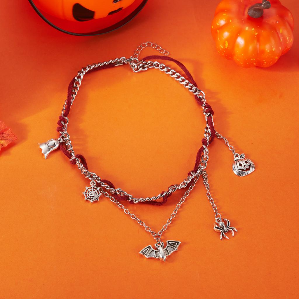 Vintage Punk Spider Bat Pumpkin Tassel Chain Necklace for Women Red Woven Rope Metal Choker Cosplay Party Halloween Jewelry Gift