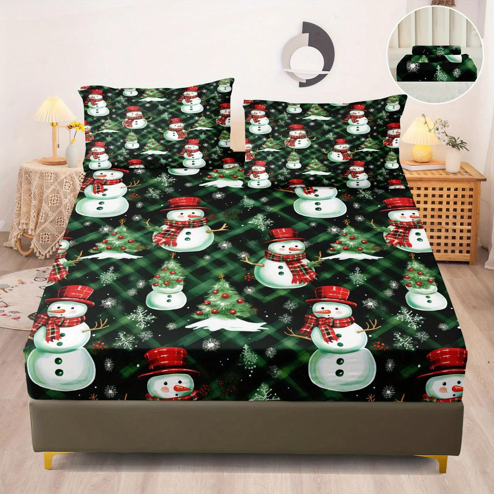 

Polyester Plaid Christmas Snowman Bedding Set Soft Comfortable Fitted Sheet and Pillowcases 20x30 inches Multiple Sizes 90x190x25cm 2pcs