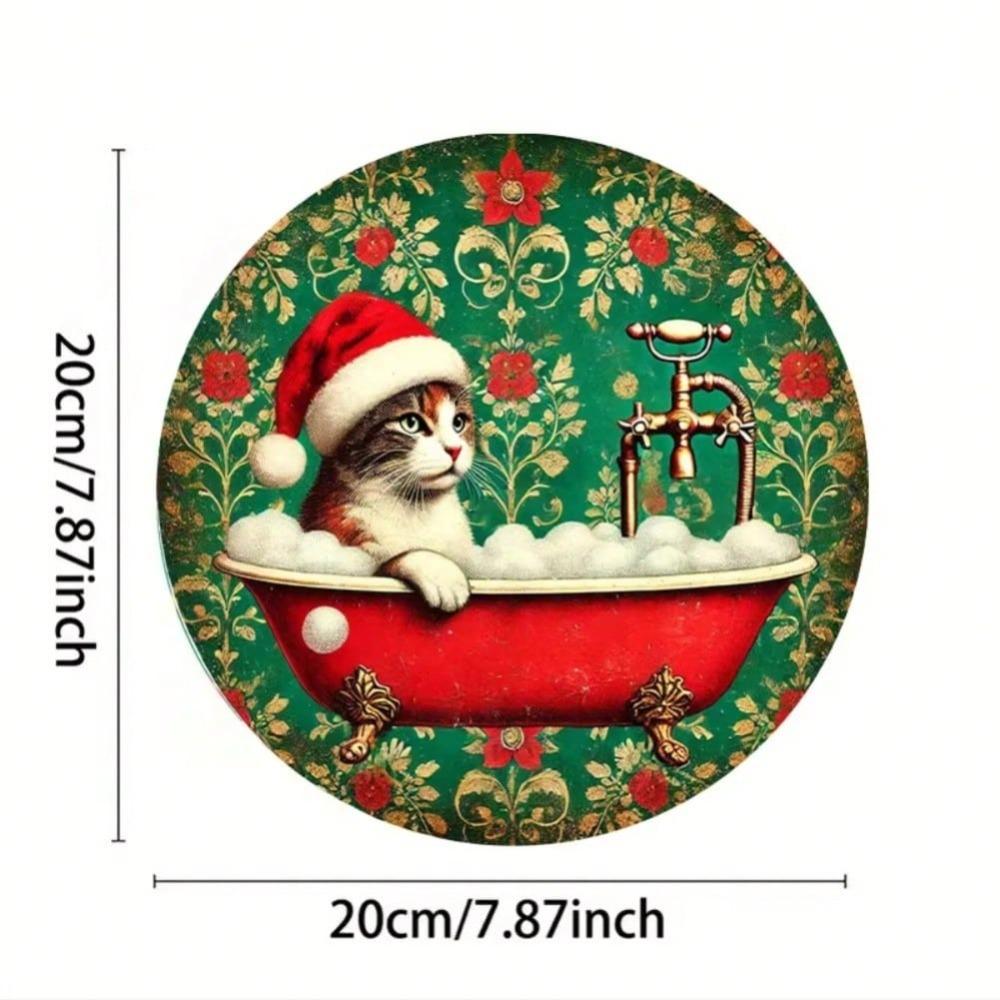 Vintage Christmas Cat Santa Hat Iron Tin Wall Art Metal Plaque Home Decor Gift