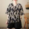 Summer Printed Short-sleeved T-shirt V-neck Cotton and Linen Loose Large-size Women's Top T-shirt Cotton and Linen Shirt